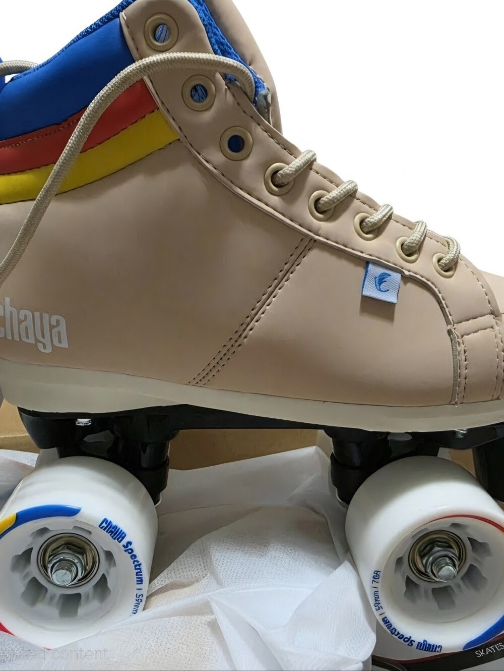 Womens Neutral Beige Roller Skates with Blue, Red & Yellow Accents